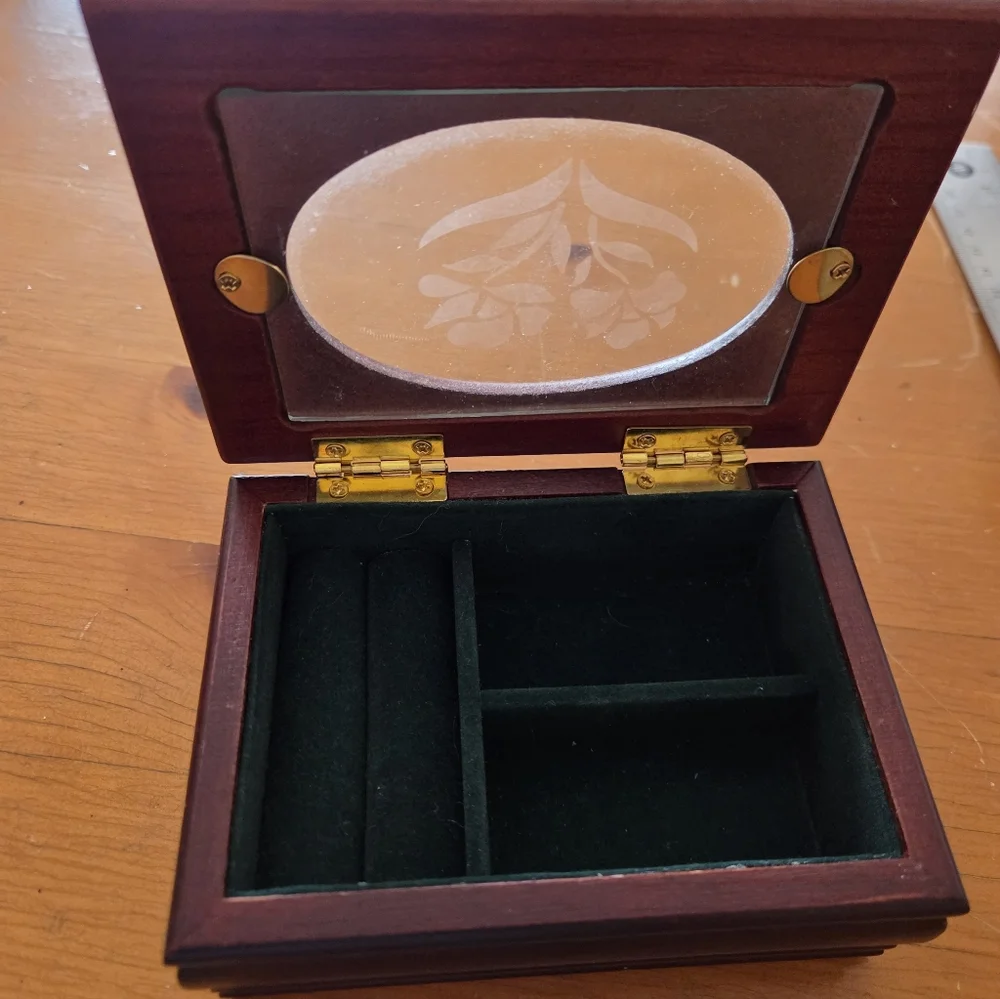 Small Wood Jewelry Box Glass Oval With Etched Flower Top